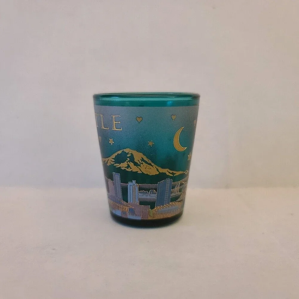 Seattle Washington Mountain Skyline Teal Shot Glass